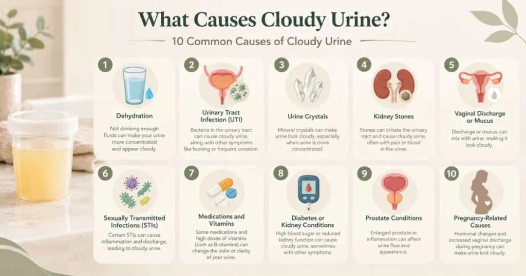 What Does Cloudy Urine Mean? Causes and Treatment 4 Infographic showing 10 possible causes of cloudy urine
