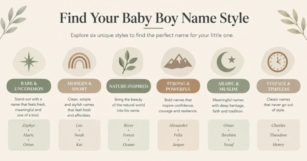 Baby Boy Names Unique: 250+ Rare, Modern & Meaningful Ideas for 2027 4 Infographic showing six unique baby boy name styles, including modern, nature-inspired, Arabic and vintage names