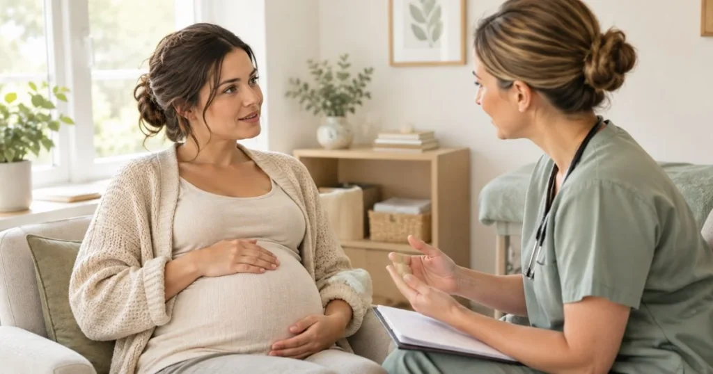 Pregnant woman discussing labor signs with a healthcare professional