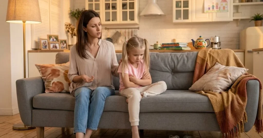 Parent calmly setting a gentle limit with an upset child