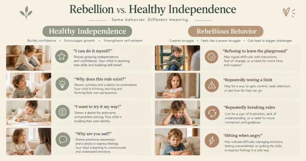 Why Kids Are Rebelling and How to Respond Calmly 4 Infographic comparing healthy independence and rebellious behavior in children