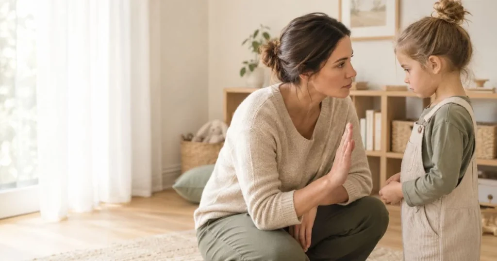 Parent calmly setting a firm boundary with a young child