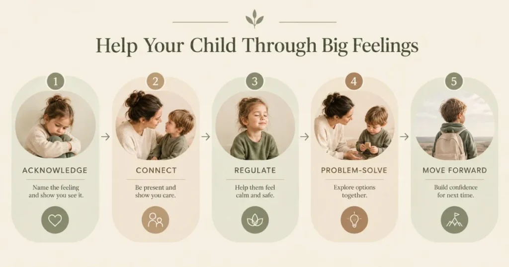 How to Build Emotional Resilience in Kids: Gentle Parenting Tips 6 Infographic showing five steps to help a child cope with disappointment: acknowledge, connect, regulate, problem-solve, and move forward.