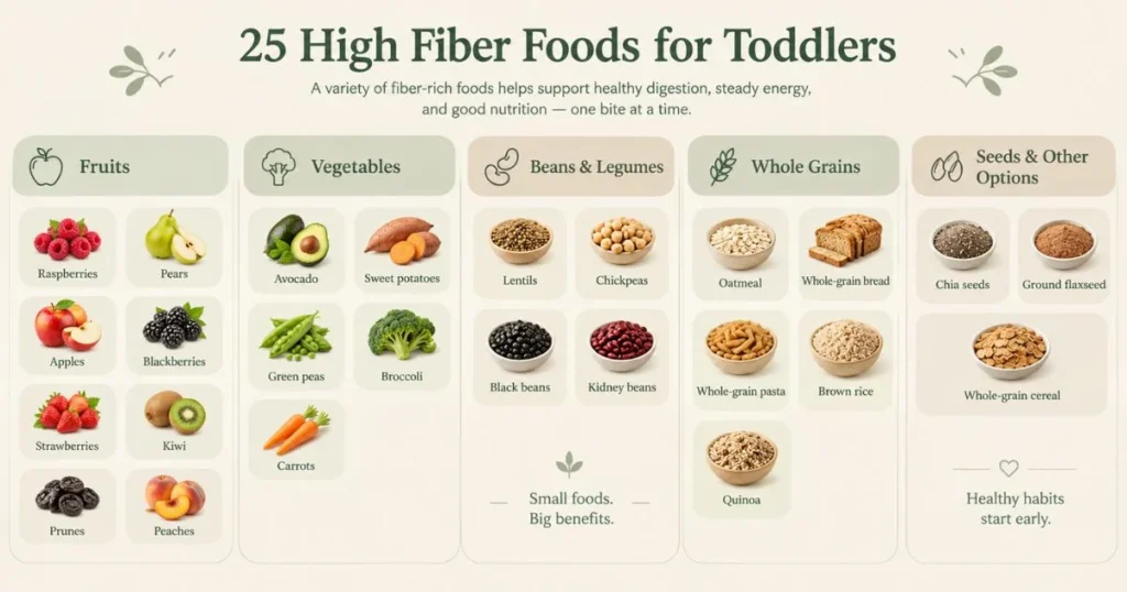 Best High Fiber Foods for Toddlers: Easy Ideas 5 25 high fiber foods for toddlers organized by fruits, vegetables, legumes, grains and seeds