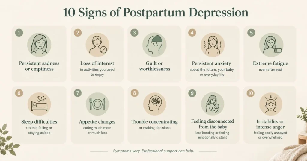 Ten common signs of postpartum depression, including sadness, anxiety, fatigue, and difficulty bonding