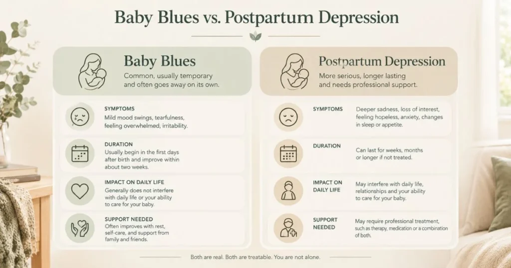 Postpartum and Depression: How to Recognize the Signs 5 Infographic comparing baby blues and postpartum depression symptoms, duration and support needs