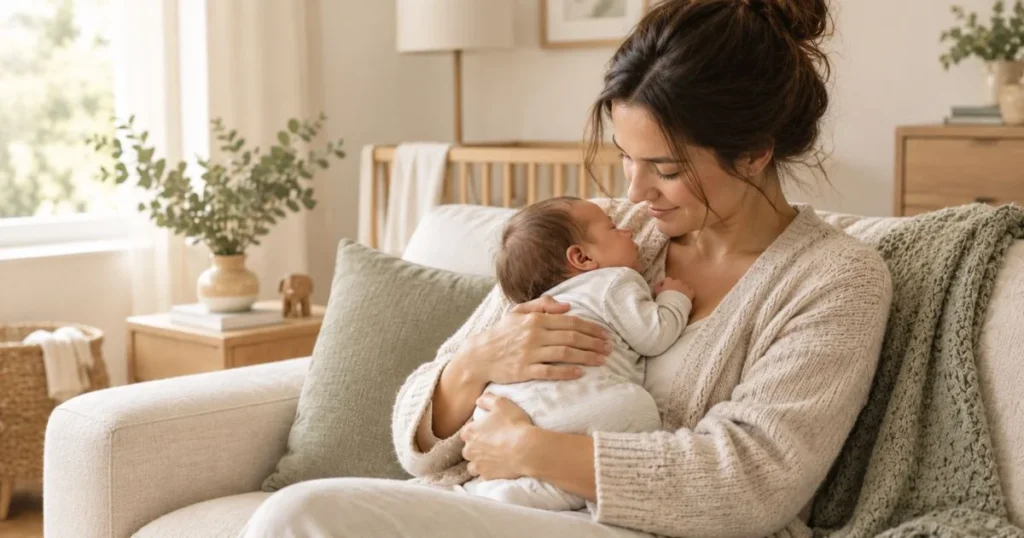Motherhood Maternity: A Guide to Pregnancy & New Moms 6 Mother gently holding her newborn during early motherhood