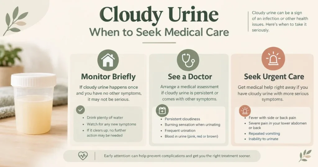 What Does Cloudy Urine Mean? Causes and Treatment 5 Infographic explaining warning signs associated with cloudy urine and when to seek medical care