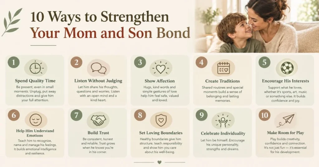 Infographic showing 10 ways to strengthen the mother-son relationship through quality time, listening, affection, trust, boundaries, and play.