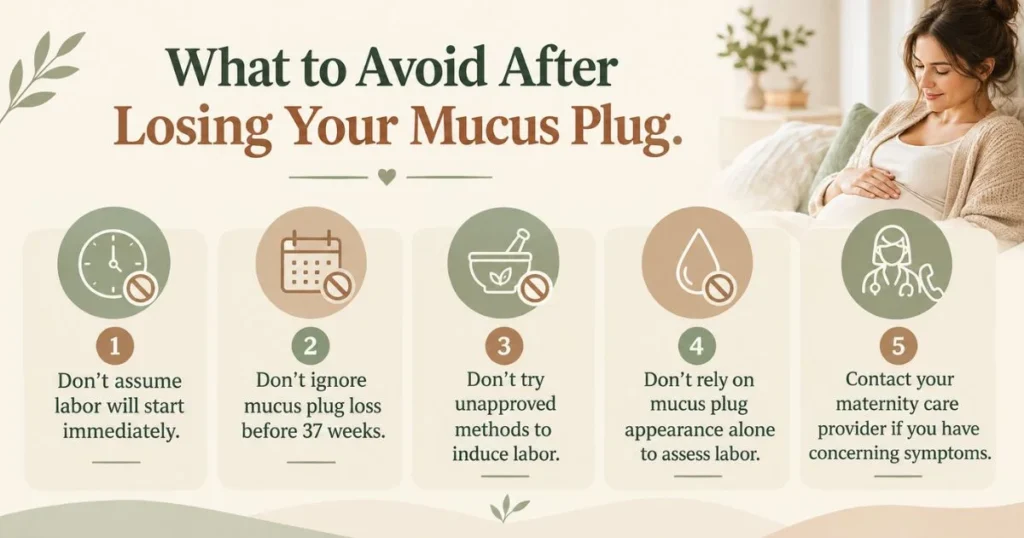 Infographic showing what to avoid after losing the mucus plug during pregnancy