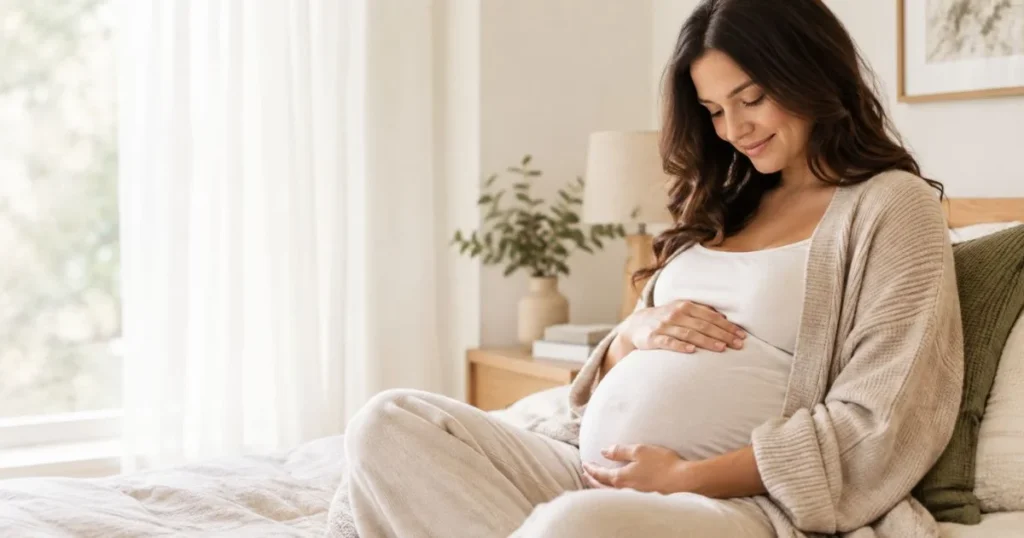 Pregnant woman resting her hands on her belly during pregnancy