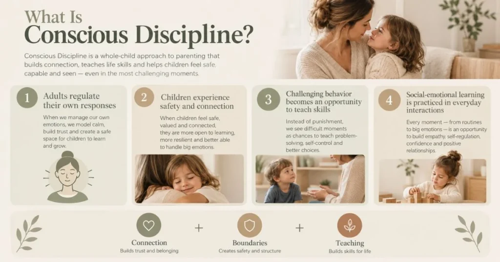 Infographic explaining the four central ideas of Conscious Discipline for parents