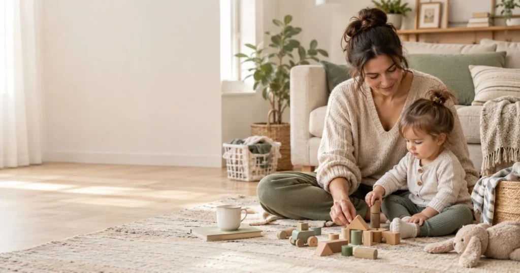 Stay-at-home mom playing with her toddler in a warm, neutral living room