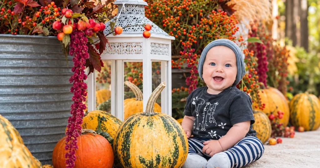 Baby in Pumpkin: The Ultimate Photoshoot Guide, Tips, Safety & Setup 5 1. Baby in a neutral outfit sitting beside a pumpkin in soft natural light.