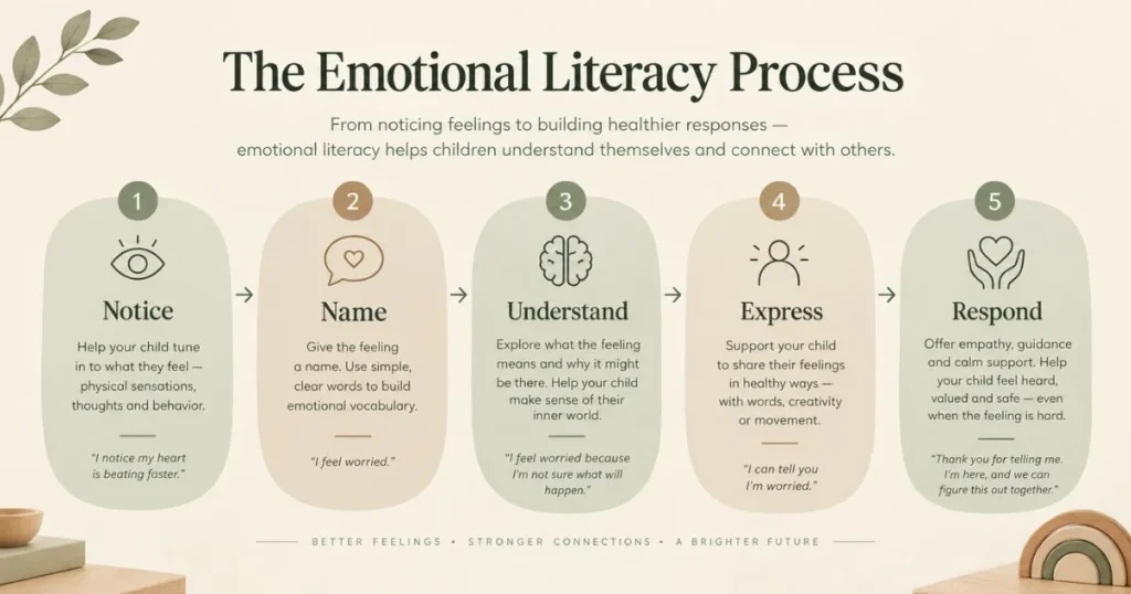 The emotional literacy process showing Notice, Name, Understand, Express, and Respond
