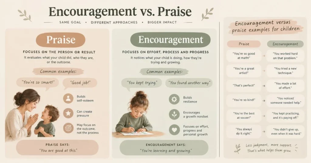 Encouragement for Kids: How to Support Without Pressure or Praise 4 Encouragement versus praise examples for children