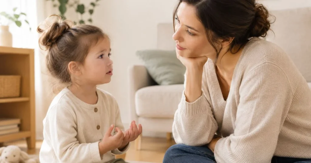 Tattling: How to Respond When Your Child Tells on Others 4 Mother listening calmly as toddler talks about a conflict