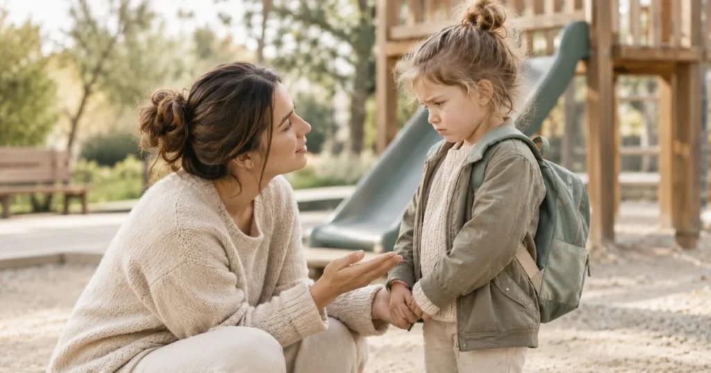 Parent calmly helping a child handle a difficult transition