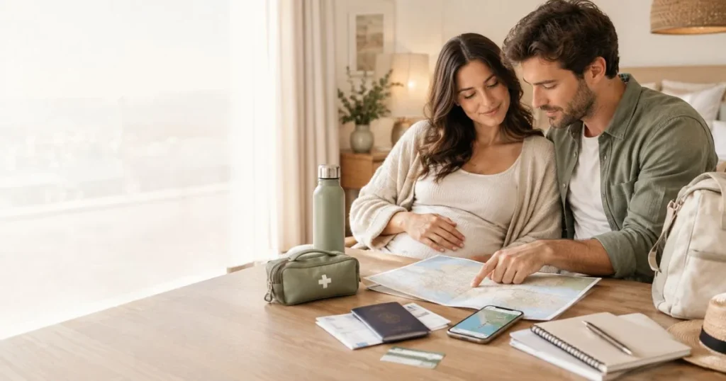Pregnant couple reviewing destination safety, travel documents, and healthcare information