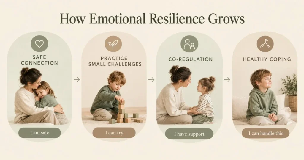 How to Build Emotional Resilience in Kids: Gentle Parenting Tips 4 Infographic showing four steps for building emotional resilience in children: safe connection, practicing challenges, co-regulation, and healthy coping.