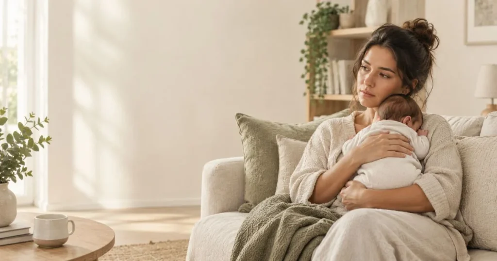 Mother hold her baby postpartum 