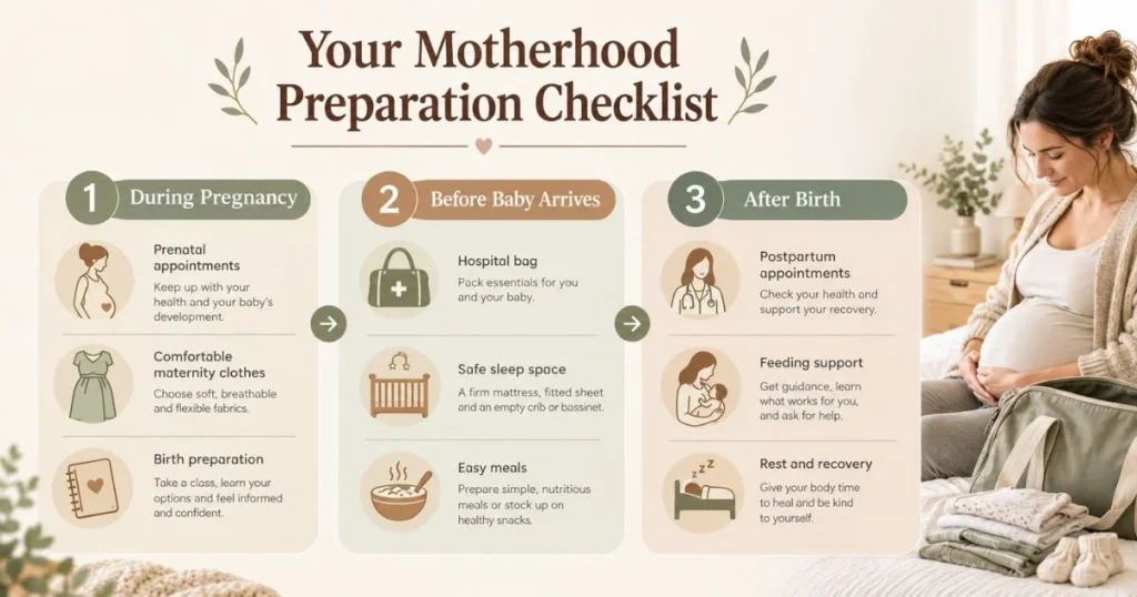 Motherhood Maternity: A Guide to Pregnancy & New Moms 7 Motherhood preparation checklist for pregnancy, birth, and postpartum recovery