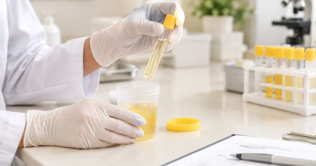 What Does Cloudy Urine Mean? Causes and Treatment 6 Urine sample prepared for laboratory testing to investigate cloudy urine