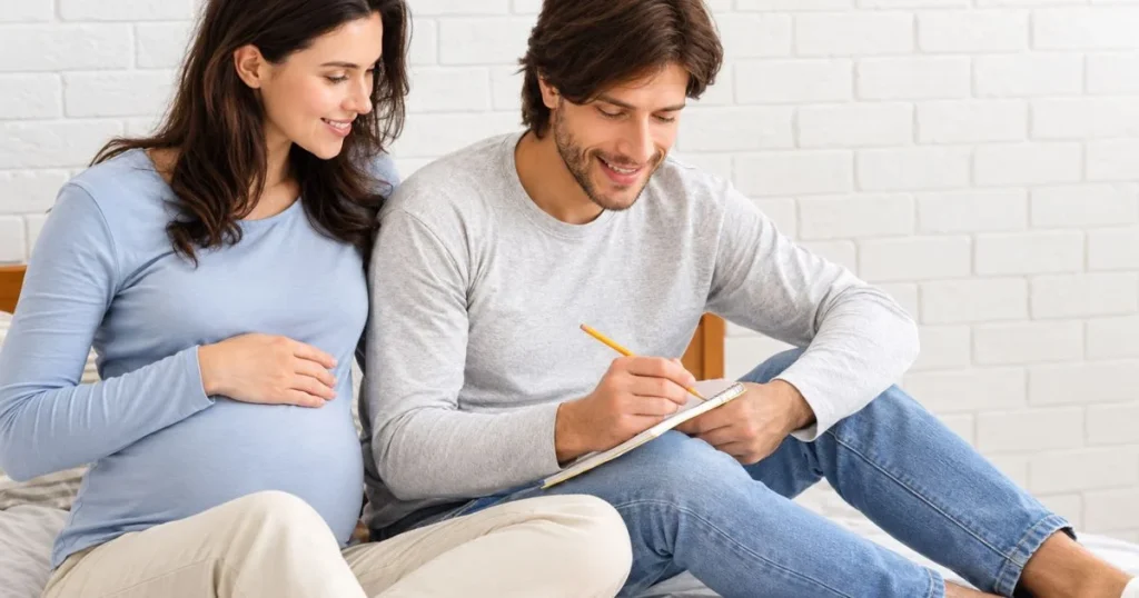 How to pick a baby name You'll Love for a Lifetime 3 Expectant parents discussing baby names together while preparing for their baby.
