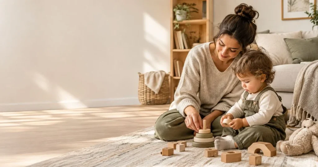 Stay-at-home mom playing with her toddler calmly 