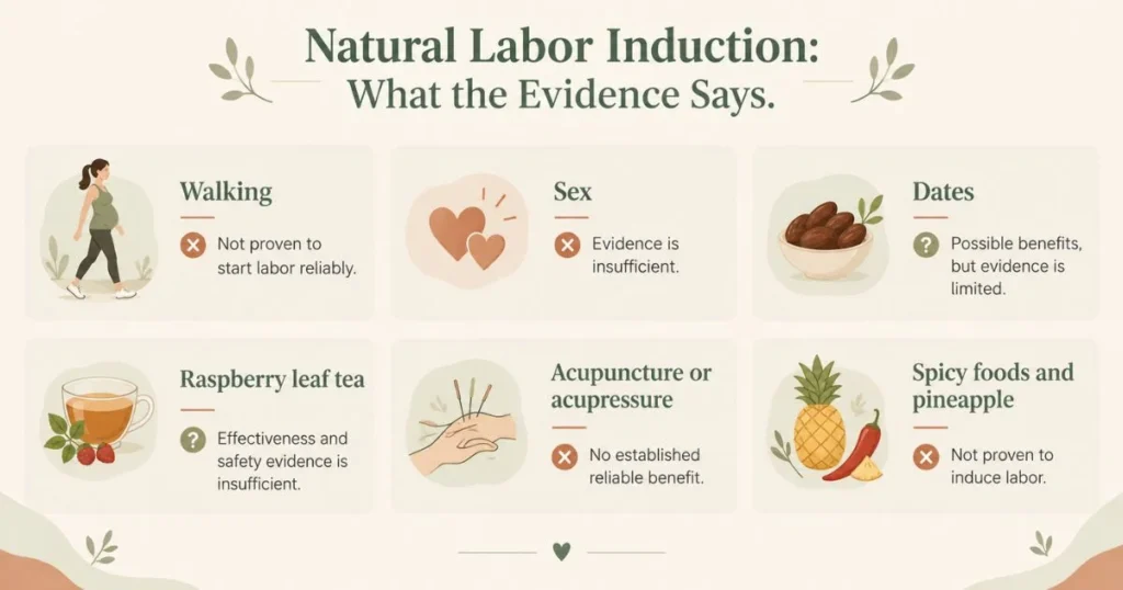 Infographic comparing evidence for natural labor induction methods