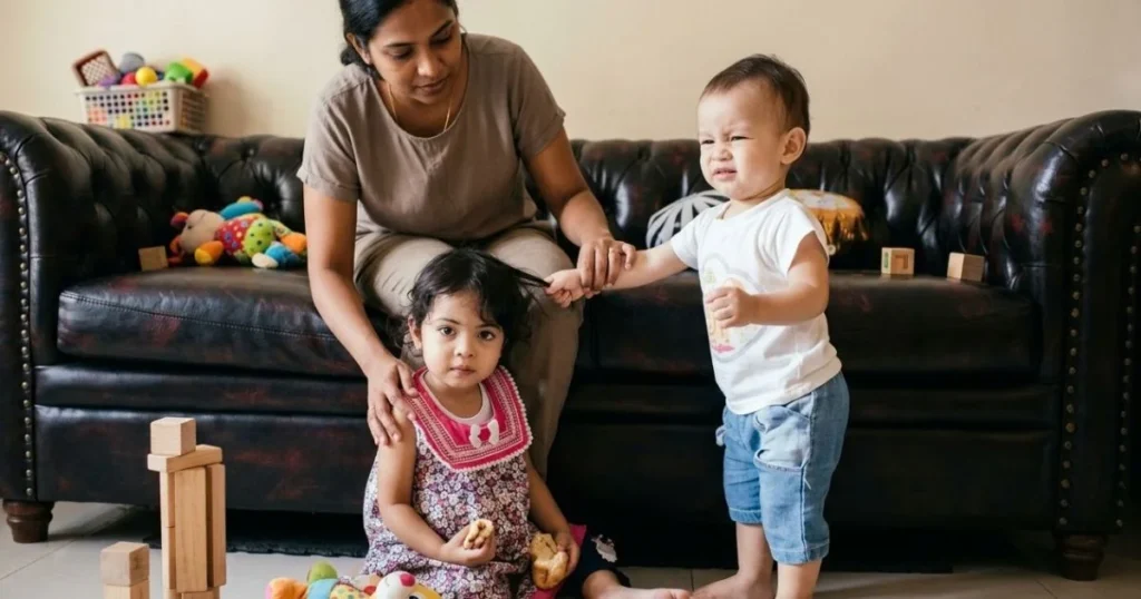 Mother calmly setting a boundary while supporting an upset toddler who is trying to hit