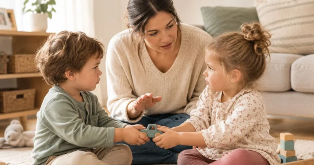 Tattling: How to Respond When Your Child Tells on Others 7 Parent calmly coaching children through a minor conflict