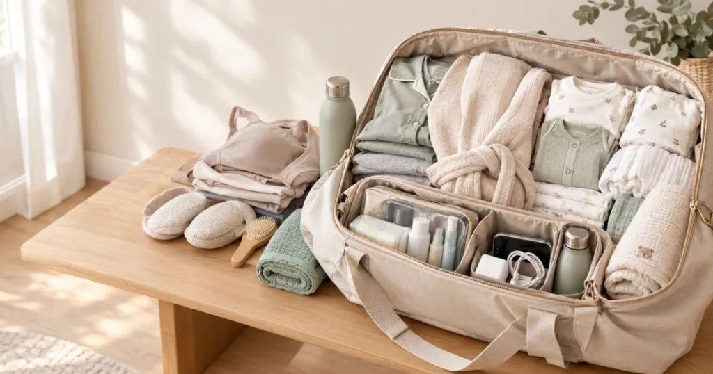 Organized hospital bag with essentials for mother and newborn