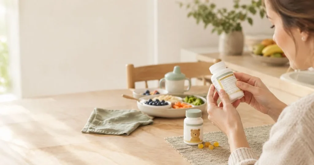 Parent checking a toddler vitamin supplement label for age and nutrient information
