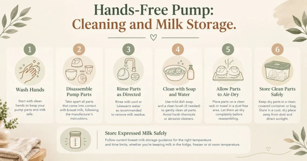 Hands-free breast pump cleaning steps and breast milk storage safety