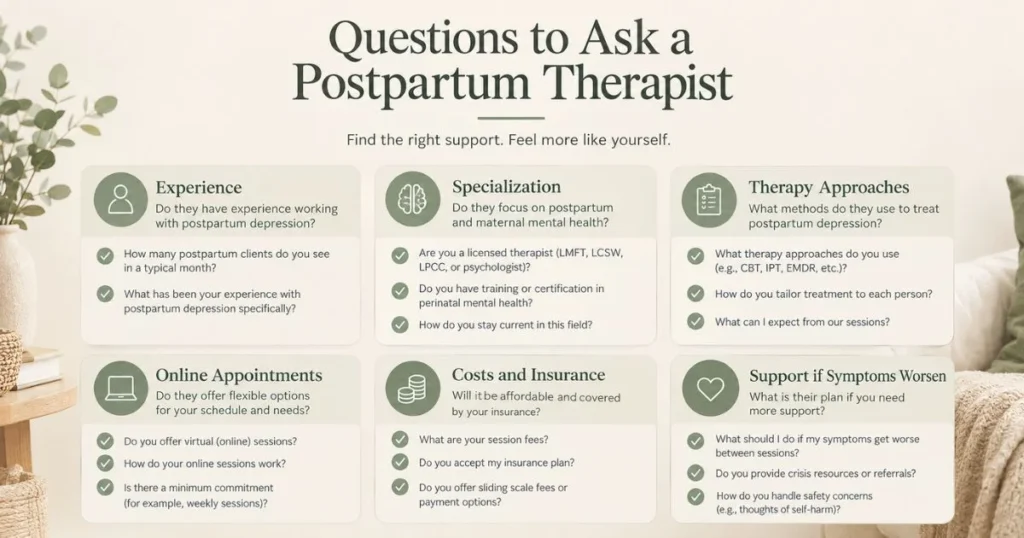 Infographic explaining five types of mental health professionals who may help treat postpartum depression.
