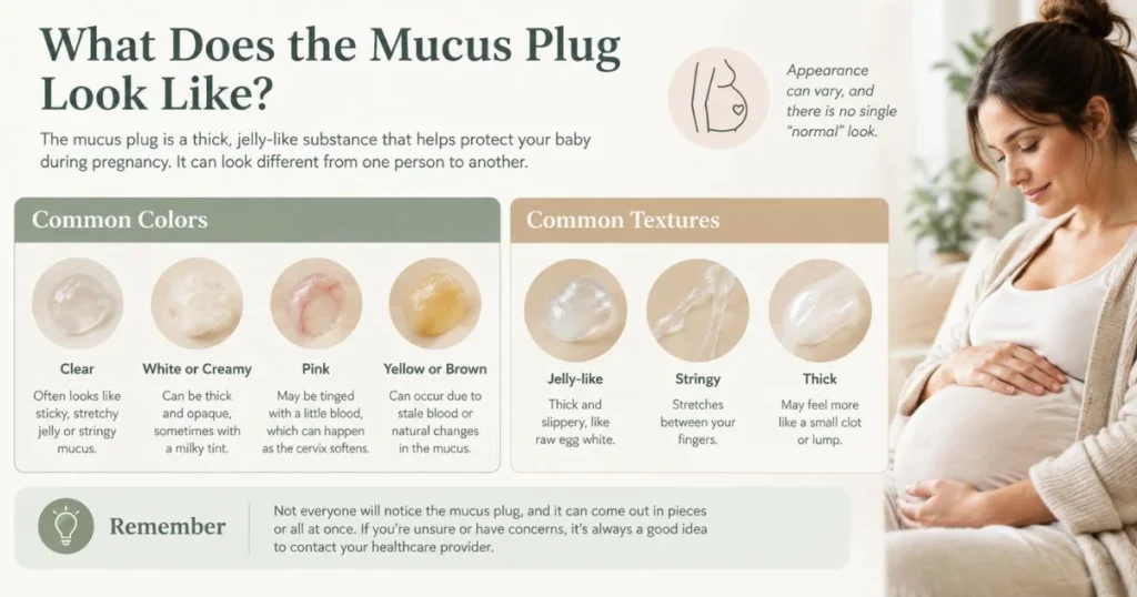 Infographic showing common mucus plug colors and textures during pregnancy