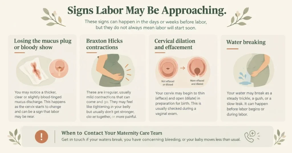 Infographic explaining common signs of approaching labor and when to seek medical advice