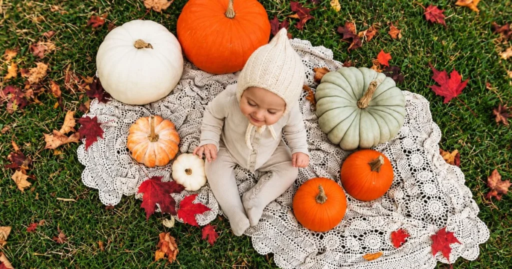 Baby in Pumpkin: The Ultimate Photoshoot Guide, Tips, Safety & Setup 3 Baby sitting beside a large orange pumpkin in a cozy autumn photoshoot.
