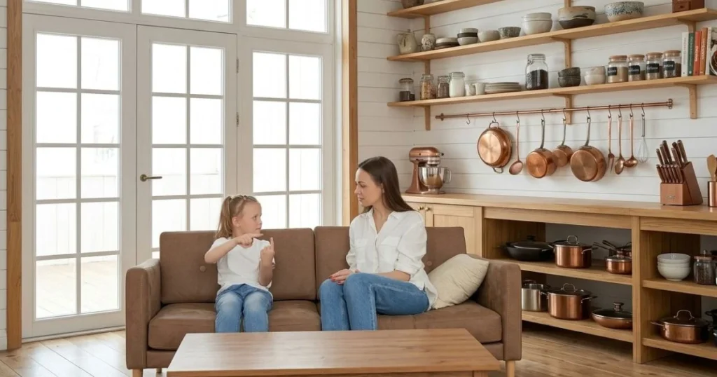 Mother calmly supporting a frustrated toddler during a conscious discipline moment at home