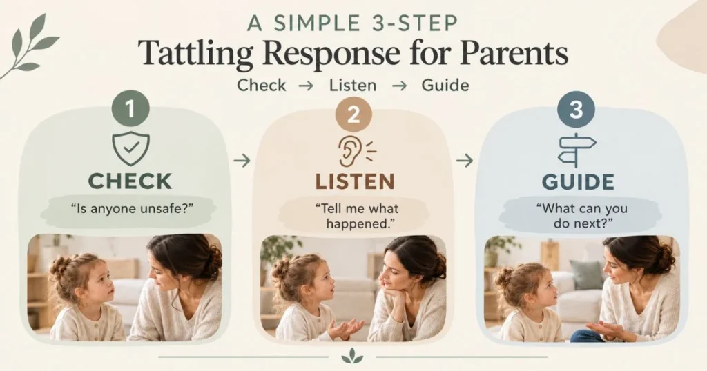 Tattling: How to Respond When Your Child Tells on Others 6 3-step response to child tattling: check, listen, and guide
