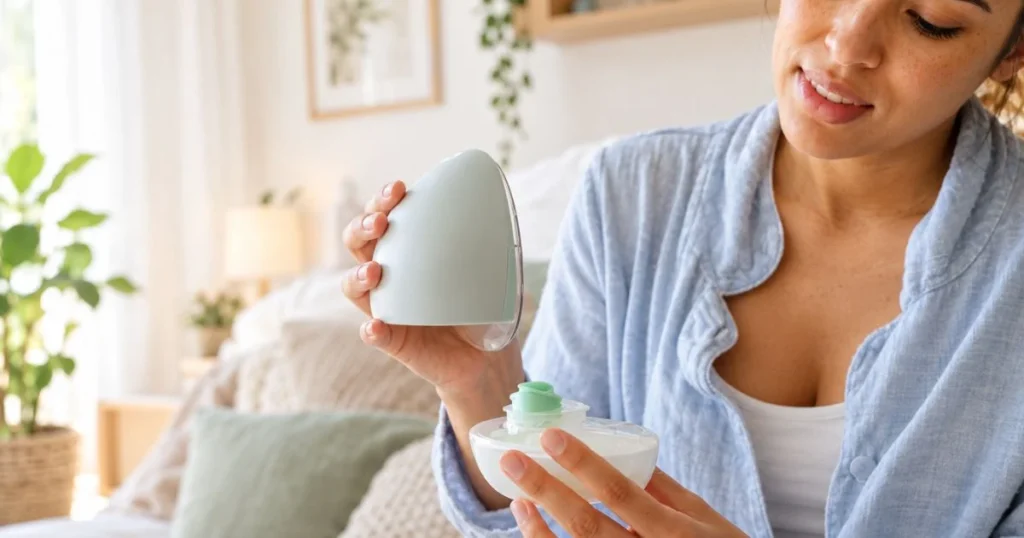 Mother checking the milk  in  breast pump