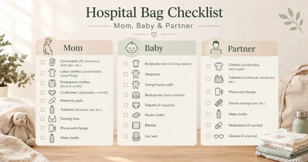 Hospital bag checklist for mom, baby and birth partner