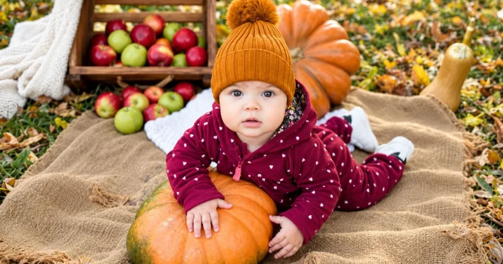 Baby in Pumpkin: The Ultimate Photoshoot Guide, Tips, Safety & Setup 4 Baby surrounded by autumn decorations during a fall photoshoot.