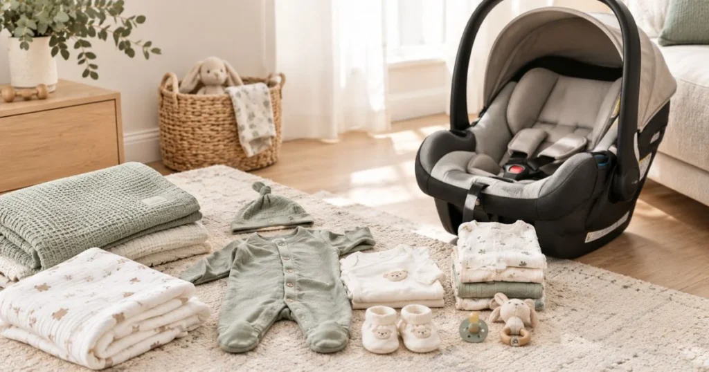 Newborn going-home clothes and rear-facing car seat prepared before birth